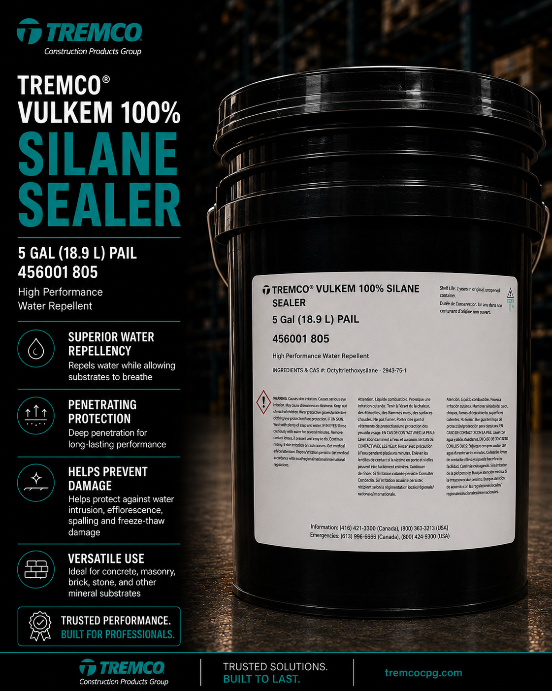 Tremco Vulkem 100% Silane Sealer 5 gallon pail - clear penetrating water repellent for concrete and masonry