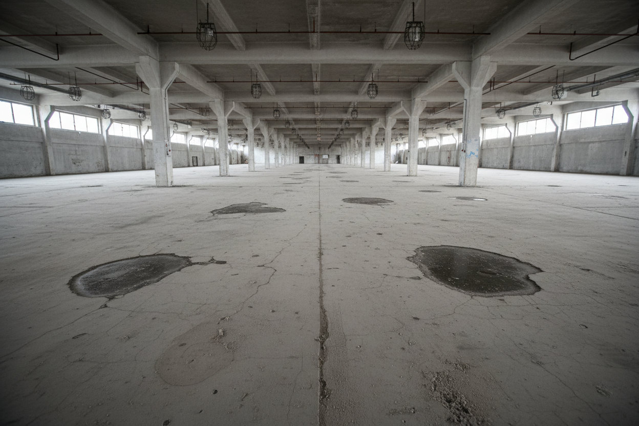 Warehouse floor before coating — bare worn concrete that is cracked, stained and marked with old oil spots