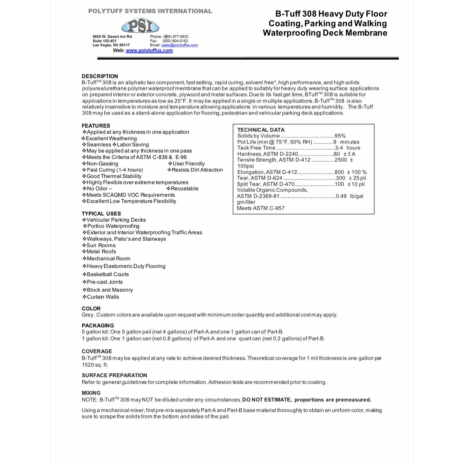 B-Tuff 308 Heavy Duty Floor Coating, Parking and Walking Waterproofing Deck Membrane 4.5 Gal kit