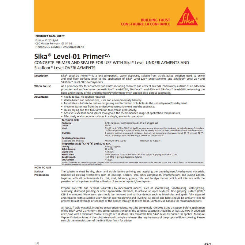 Sika® Level - 01 Primer CA one - component, water - dispersed, solvent - free, acrylic - based solution used to prime - Canopus Supply Inc