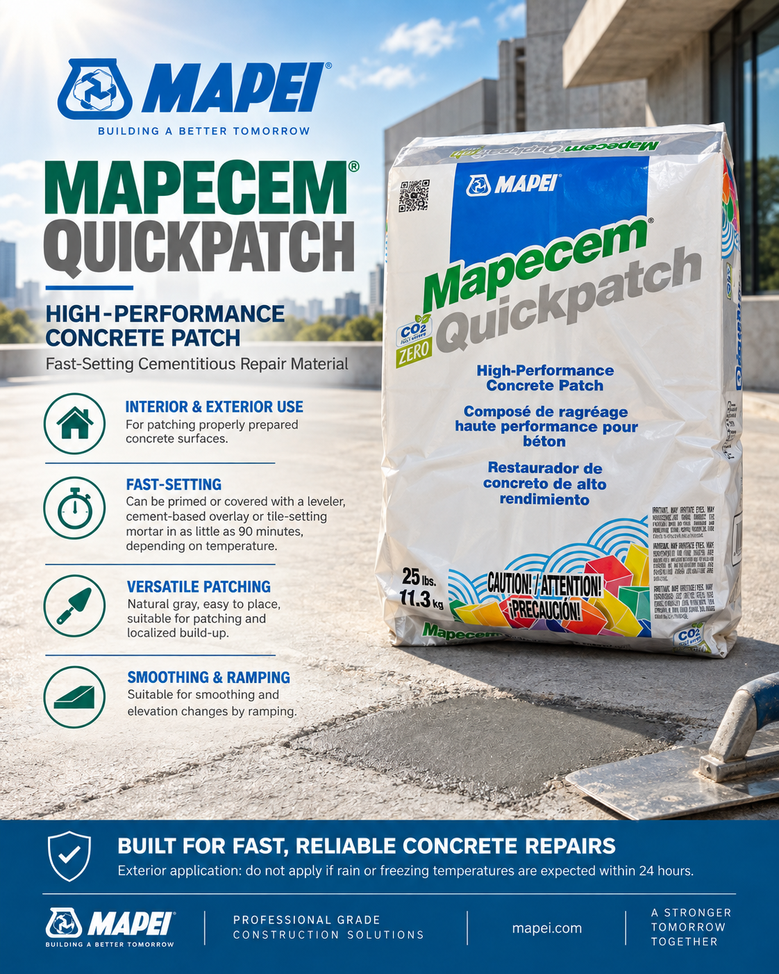 Mapei Mapecem Quickpatch | Fast-Setting Concrete Repair Mortar 25 lb