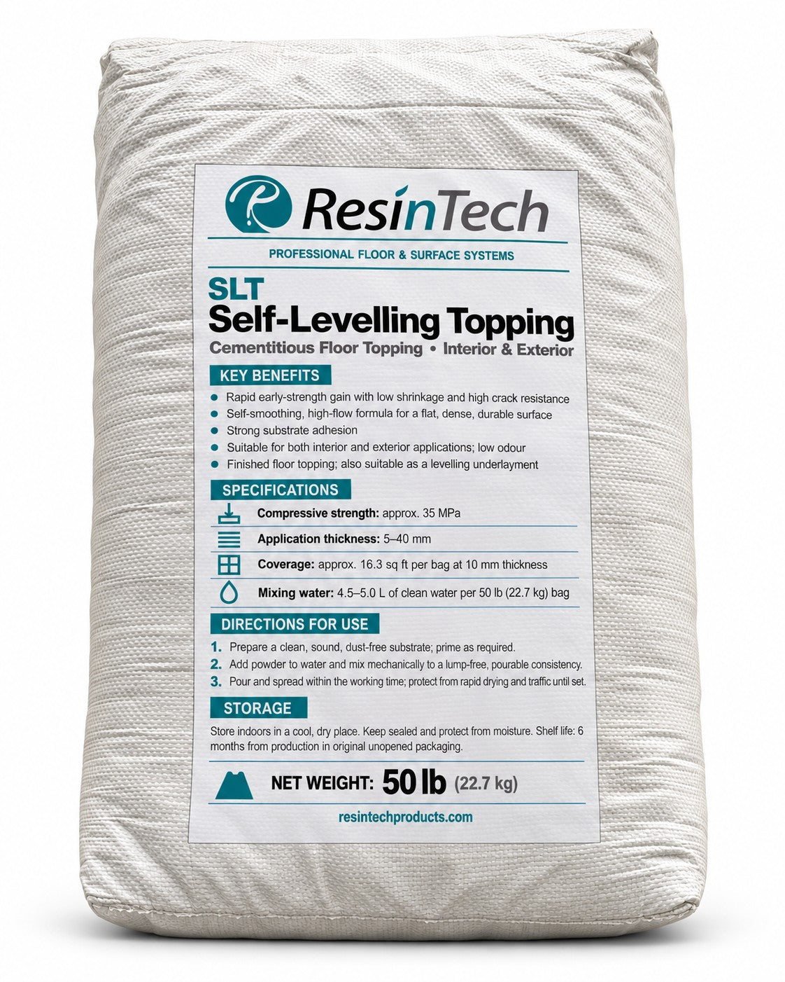 ResinTech SLT Self-Levelling Topping, 50 lb (22.7 kg) bag — cementitious floor topping, interior and exterior