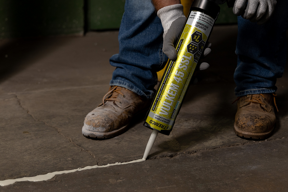 Tremco Vulkem 45SSL semi-self-levelling polyurethane joint sealant applied to a horizontal concrete joint