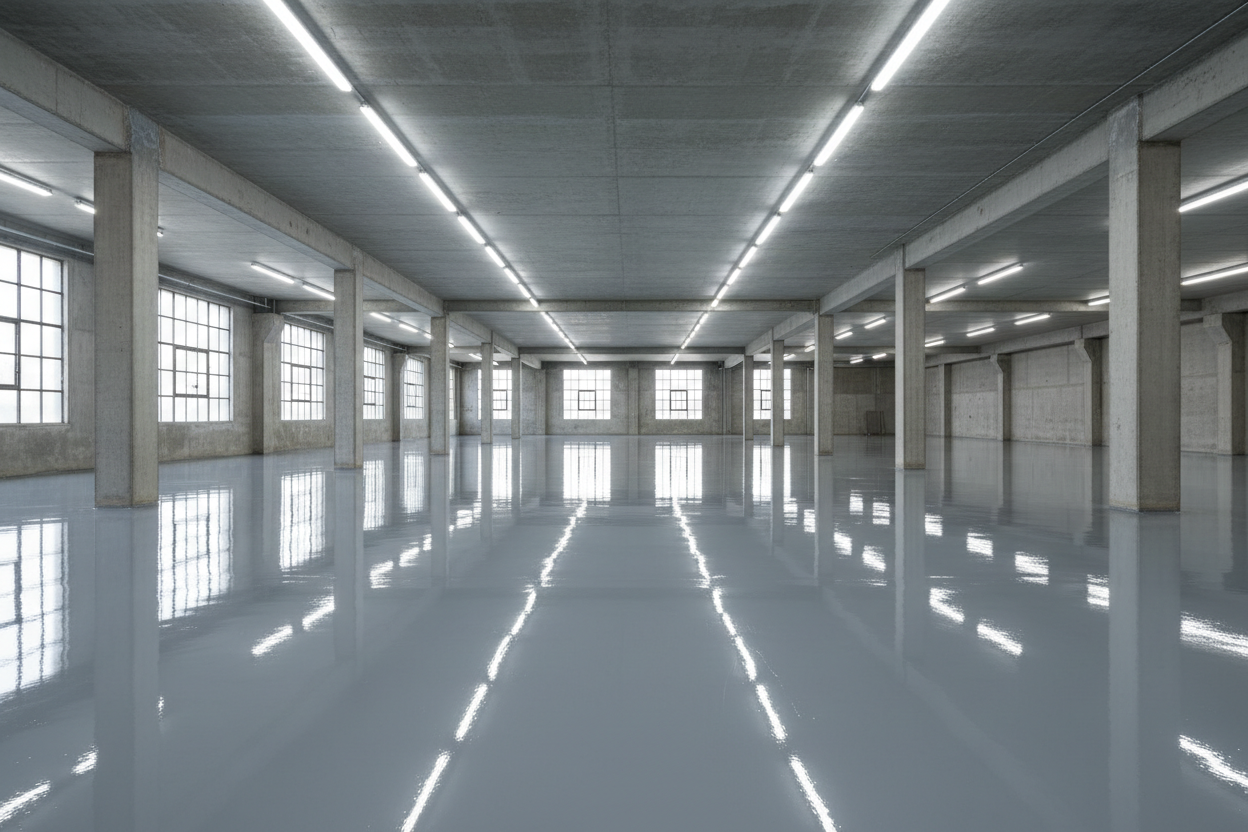 Warehouse floor after a glossy epoxy floor coating — smooth, seamless and reflective concrete surface