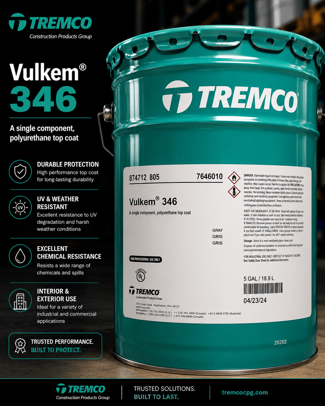 Tremco Vulkem 346 aliphatic polyurethane traffic deck topcoat