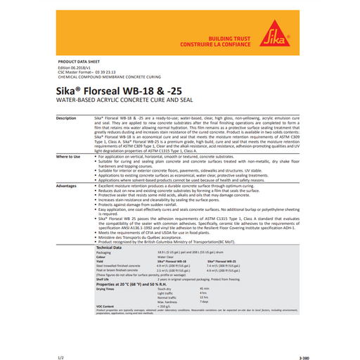 Sika® Florseal WB ready-to-use; water-based, clear, high gloss, non-yellowing, acrylic emulsion cure and seal,Vancouver BC Supplier for Epoxy, Polyaspartic, Parkade Traffic Coating