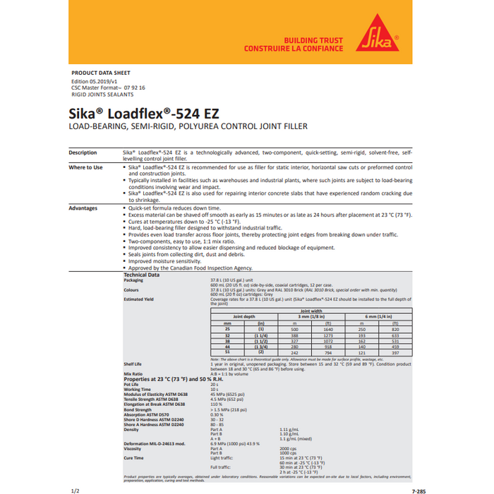 Sika® Loadflex-524 EZ technologically advanced, two-component, quick-setting, semi-rigid, solvent-free