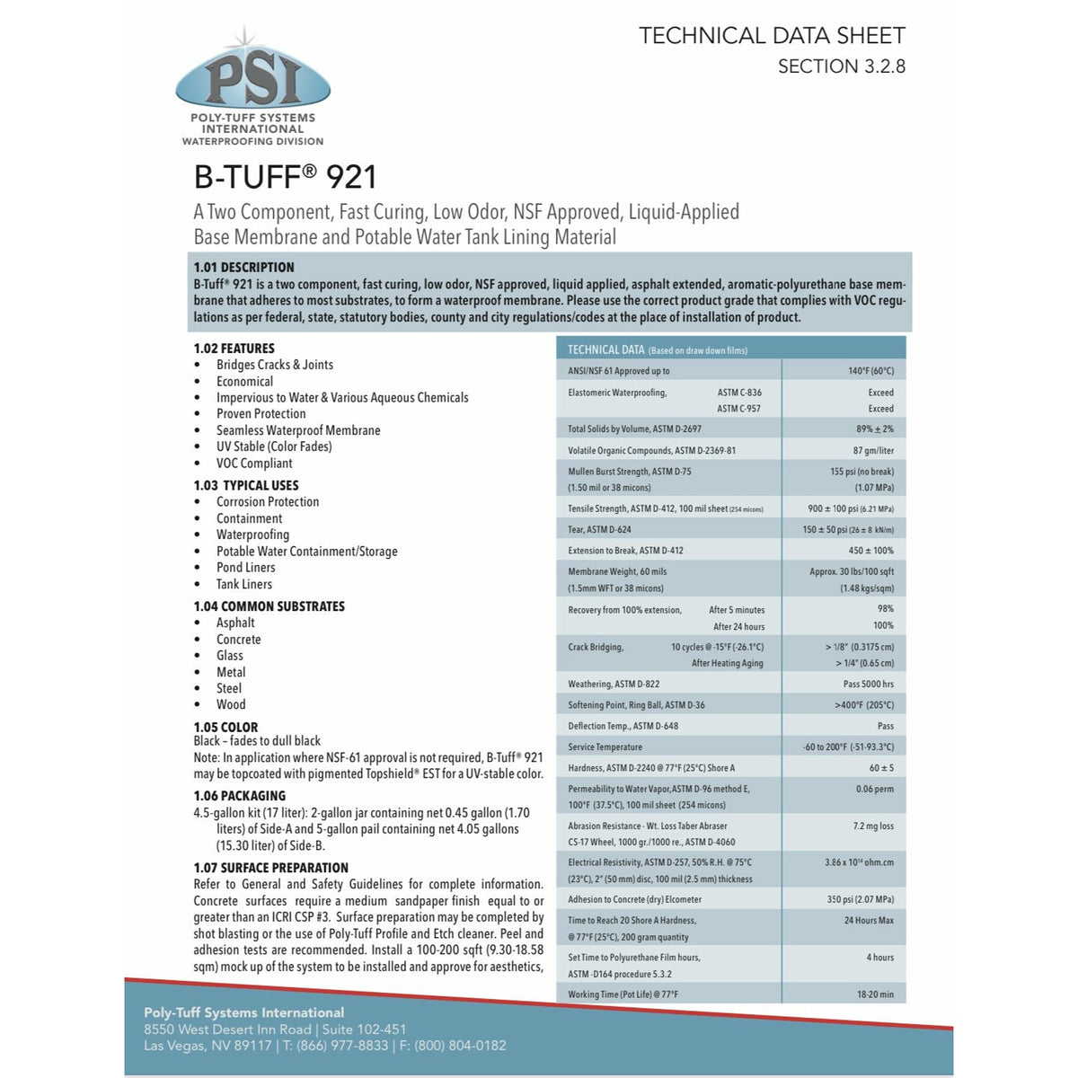 B-TUFF® 921 A Two Component, Fast Curing, Low Odor, NSF Approved, Liquid-Applied