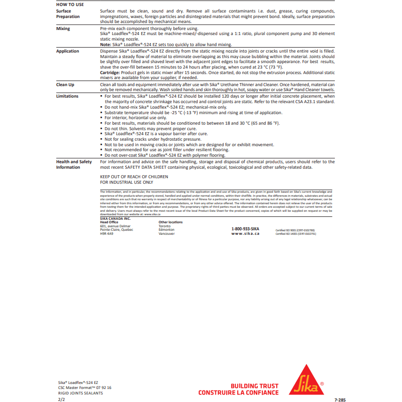 Sika Loadflex - 524 EZ technologically advanced, two - component, quick - setting, semi - rigid, solvent - free - Canopus Supply Inc